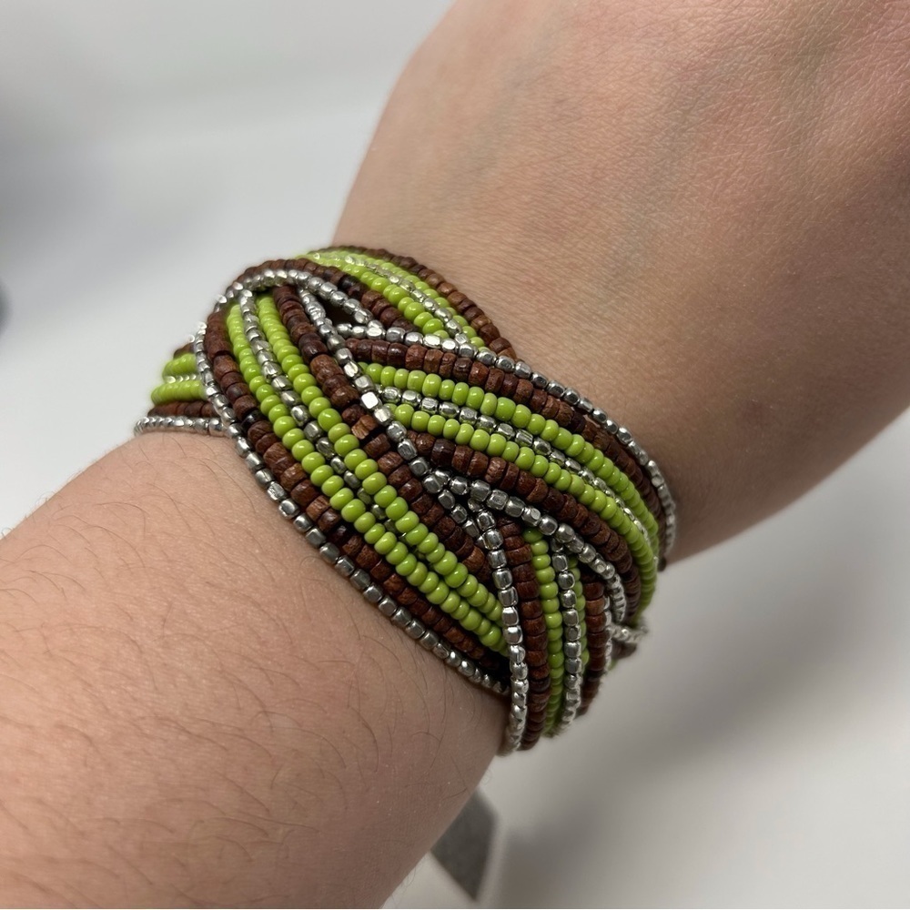 World Market Bohemian Brown, Green & Silver Tone Seed Beaded Wire Cuff Bracelet